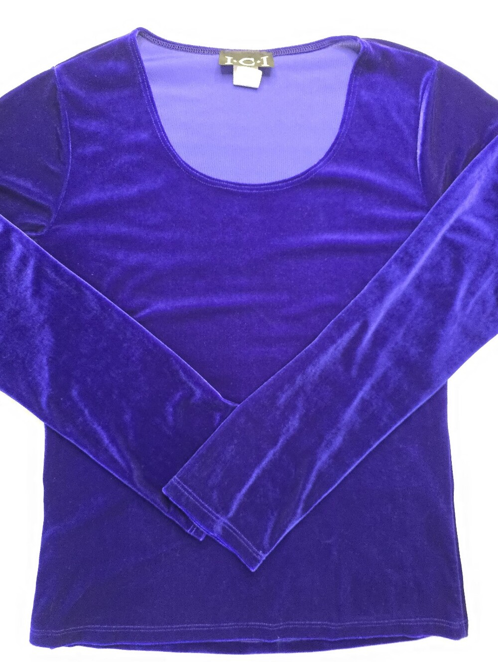 ICI Velvet Top Cobalt Blue Scoop Neck Long Sleeve Stretch Pullover 90s Party L